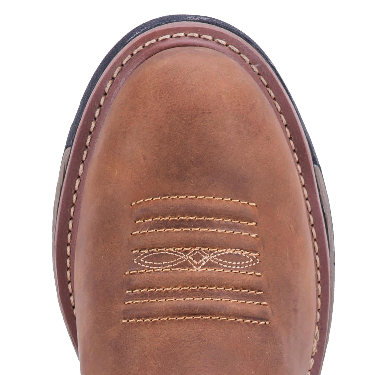 A toe view of a brown, leather men's work boot with a round toe and a non-marking rubber outsole, designed for safety and comfort.