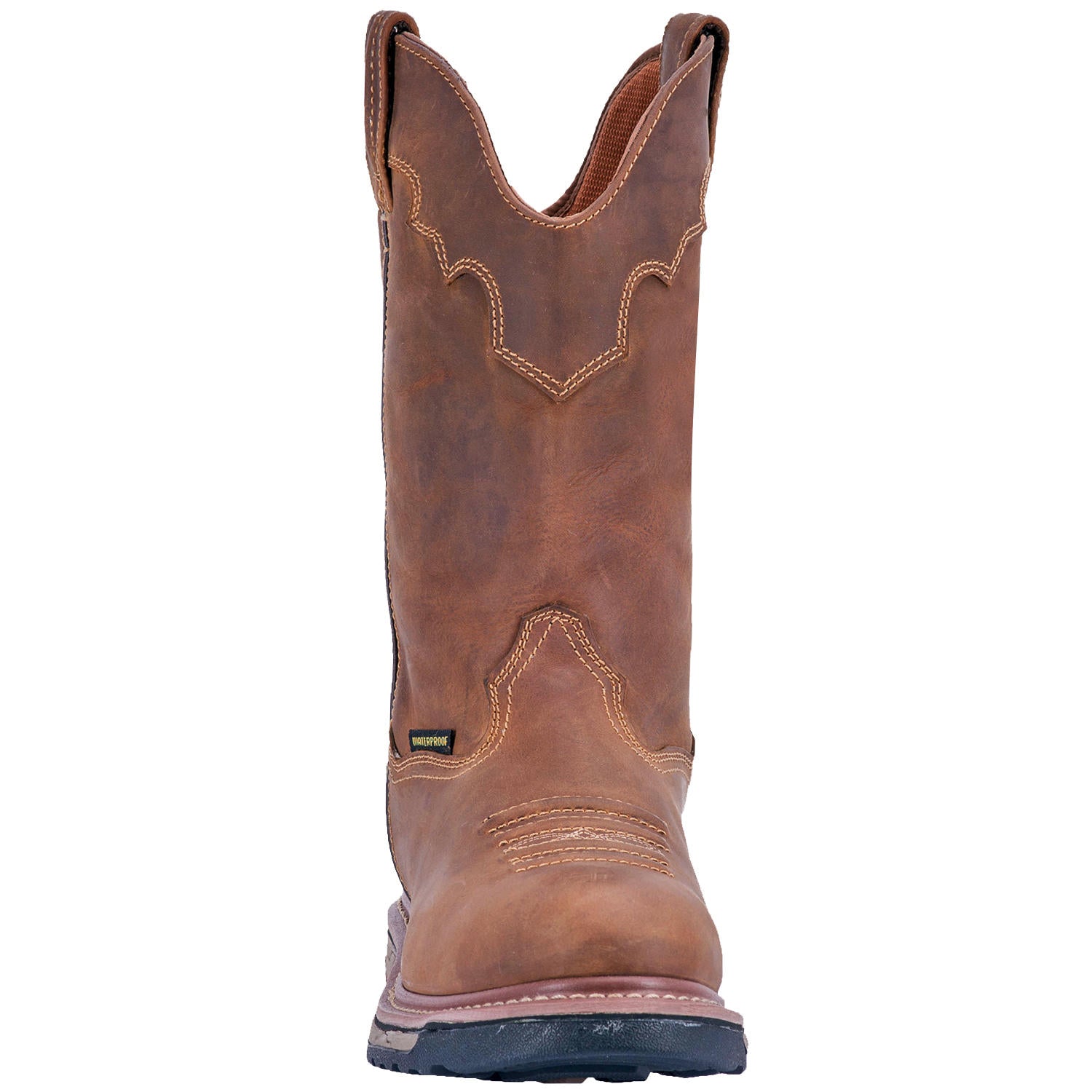 A front view of a brown, leather men's work boot with a round toe and a non-marking rubber outsole, designed for safety and comfort.