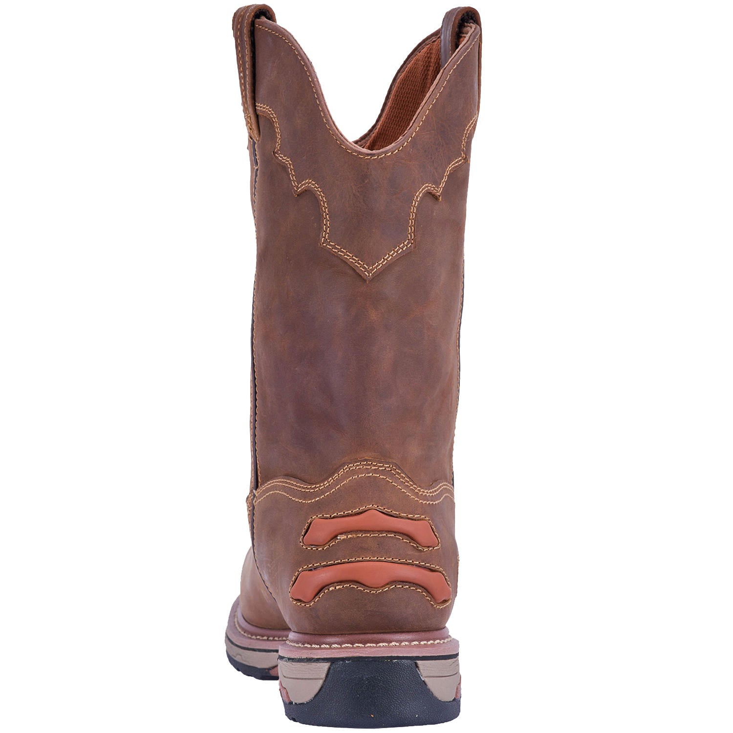 A back view of a brown, leather men's work boot with a round toe and a non-marking rubber outsole, designed for safety and comfort.