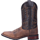A instep side view of a men's Laredo brand square toe cowboy boots with a brown and black design.