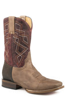 ROPER 09-020-8500-1545 MEN'S LEATHER COWBOY BOOT OILED BROWN VAMP WITH BROWN BULLHIDE HEEL AND OILED RED UPPER WITH GEOMETRIC EMBROIDERY *CLOSEOUT*