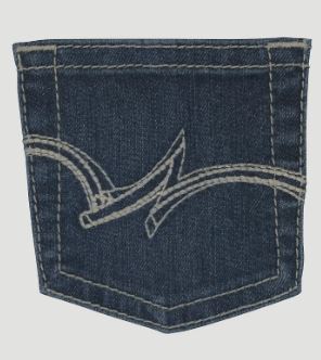 Close-up of back pocket of girl's Wrangler® Dark Blue Premium Patch® Jeans, showing white top stitched swirl type "W".