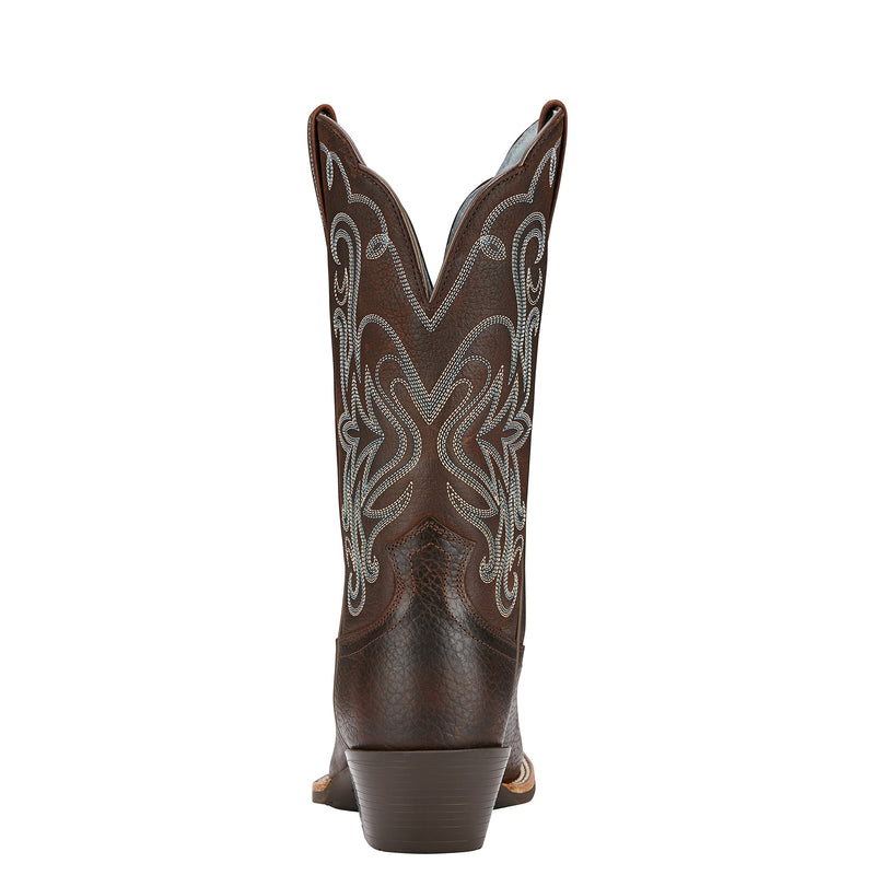 Women's Ariat narrow square toe boots in Brown. Rear view