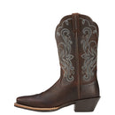 Women's Ariat narrow square toe boots in Brown. Side profile view showing stitch pattern on shaft and cowboy heel. 