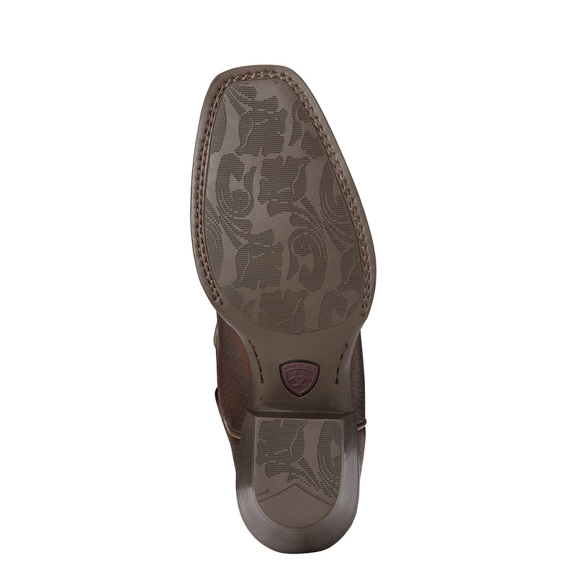 Women's Ariat narrow square toe boots in Brown. Bottom view showing outsole. 