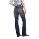 Women's Ariat mid rise boot cut jean in Marine which is a medium wash. Front view showing model wearing jeans. 
