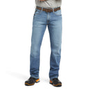 Men's Ariat Rebar M4 relaxed fit boot cut jeans in a medium wash. Front View