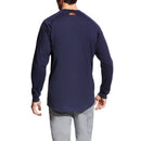 Men's Ariat FR long sleeve work shirt in Navy. Rear view showing shirt untucked. 
