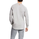 Men's Ariat FR long sleeve work shirt in Heather Grey. Rear view showing shirt untucked and Ariat FR logo on back. 