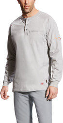 Men's Ariat FR long sleeve work shirt in Heather Grey. Front view shown untucked. 