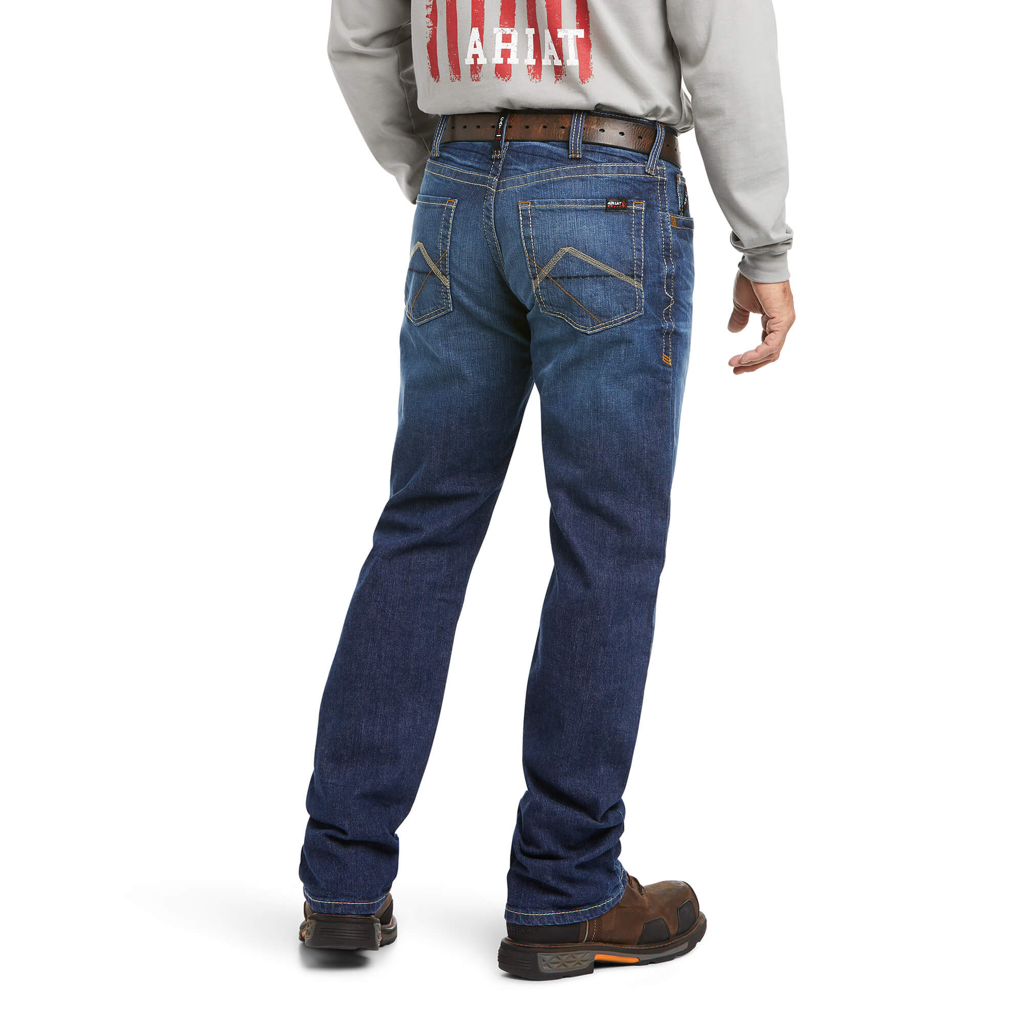 Men's Ariat FR boot cut jean in a M4 relaxed fit, this jean is a medium wash. Rear View
