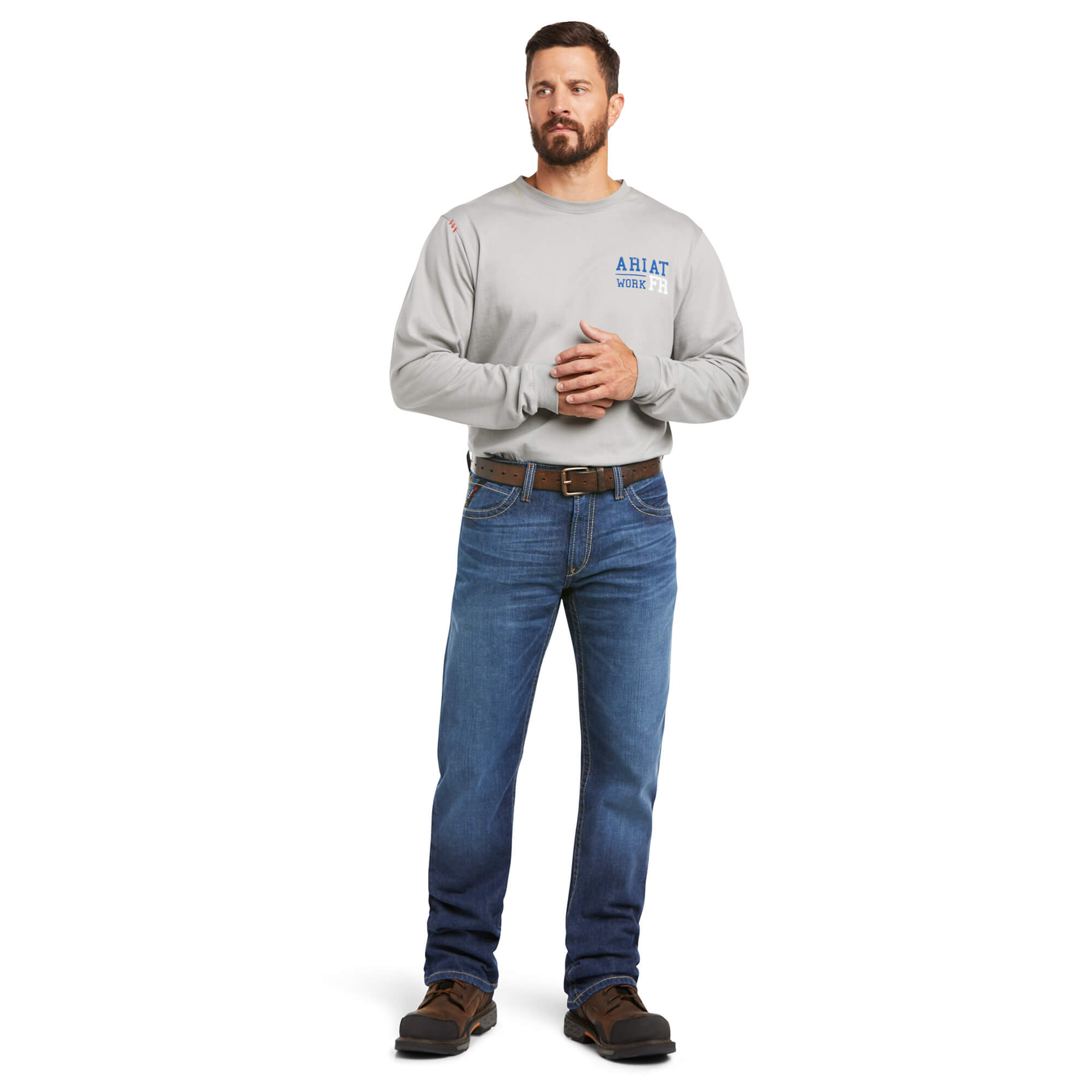Men's Ariat FR boot cut jean in a M4 relaxed fit, this jean is a medium wash. Full front view
