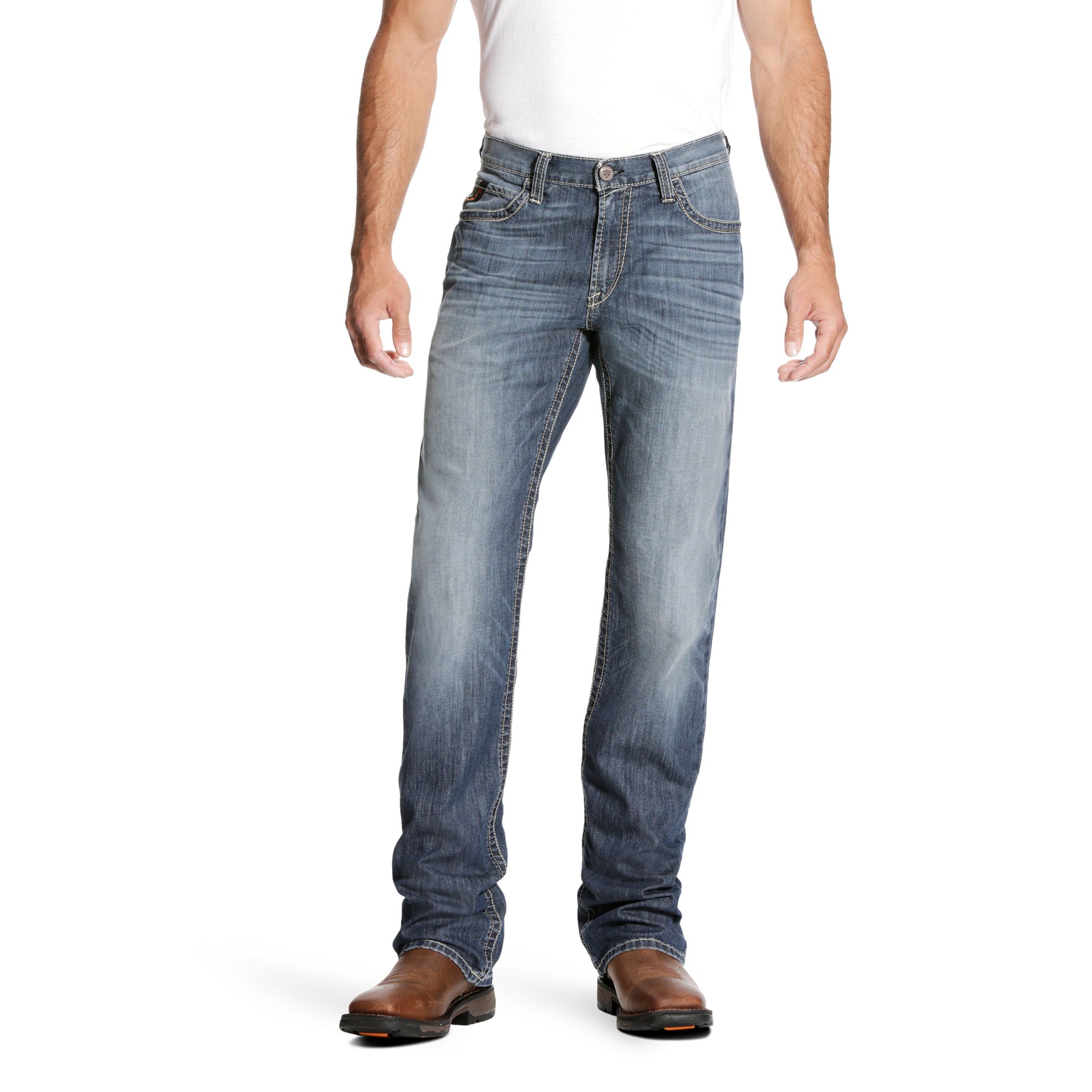 Men's Ariat FR jeans in a M4 relaxed fit boot cut. Front View