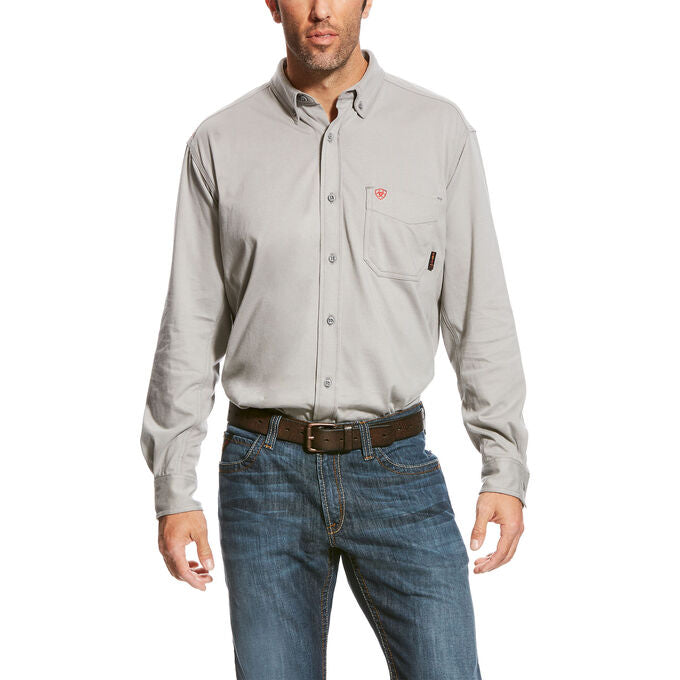 Men's Ariat long sleeve FR work shirt in Heather Grey.