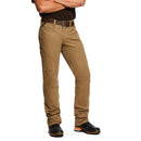 Men's Ariat Rebar pants in Field Khaki with scoop front pockets and a right coin pocket that has an angled Ariat logo fabric strip for reinforcement. Also shows right thigh utility pocket. Front right angle view.