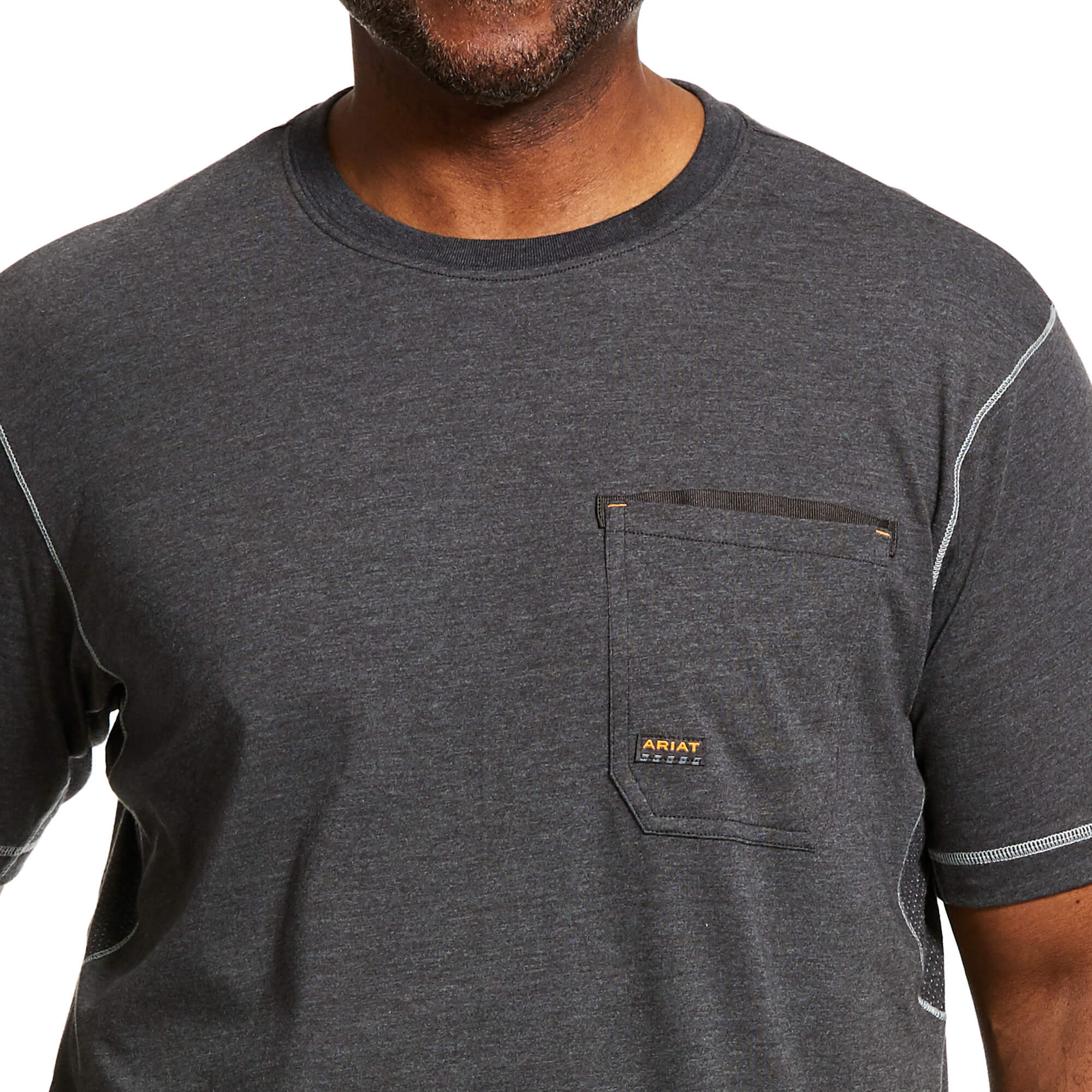 Men's Ariat Rebar workman short sleeve T-Shirt in Charcoal Heather. Close of left chest pocket. 