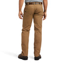 Men's Ariat M7 Rebar slim straight fit pants in Field Khaki with back pockets. Has small fabric Ariat logo ribbon stitched into left side of left pocket and center of the pockets reinforcement stitching. Back view.