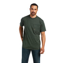 Ariat Men's Rebar short sleeve Workman T-Shirt in Deep Forest. Front view showing shirt untucked. 
