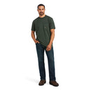 Ariat Men's Rebar short sleeve Workman T-Shirt in Deep Forest. Full front view showing shirt untucked. 