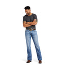 Men's Ariat M4 relaxed fit boot cut jean in a light wash. Full front view 