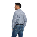 Men's Ariat long sleeve wrinkle free shirt in Airy Blue. Rear view showing shirt tucked in. 