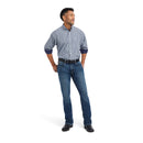 Men's Ariat long sleeve wrinkle free shirt in Airy Blue. Full front view showing shirt tucked in. 