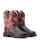 Women's Ariat Fatbaby round toe crepe sole boots in Chocolate Chip vamp and a Red shaft with Hens. This boot has a saddle vamp, white piping and stitches. 