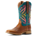 Women's Ariat square toe boots. These boots have a brown vamp and a colorful VenTek shaft that breathes in Teal, Pink, and Yellow.
