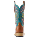 Women's Ariat square toe boots. These boots have a brown vamp and a colorful VenTek shaft that breathes in Teal, Pink, and Yellow. Rear view 