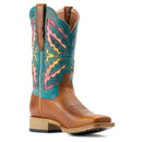 Women's Ariat square toe boots. These boots have a brown vamp and a colorful VenTek shaft that breathes in Teal, Pink, and Yellow. Side view showing a walking heel and side piping.