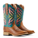 Women's Ariat square toe boots. These boots have a brown vamp and a colorful VenTek shaft that breathes in Teal, Pink, and Yellow. 