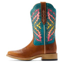 Women's Ariat square toe boots. These boots have a brown vamp and a colorful VenTek shaft that breathes in Teal, Pink, and Yellow. Side view showing walking heel and Ariat shield logo on outside heel counter. 