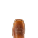 Women's Ariat square toe boots. These boots have a brown vamp and a colorful VenTek shaft that breathes in Teal, Pink, and Yellow. Close up of square toe. 