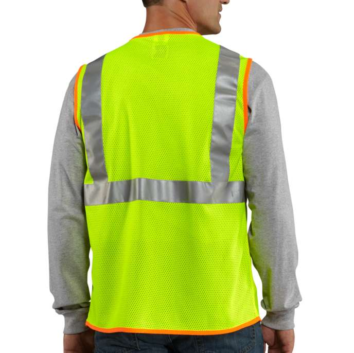 Carhartt yellow high-visibility class 2 vest with reflective trim and a utility pocket on the chest. Rear view of vest on model. 