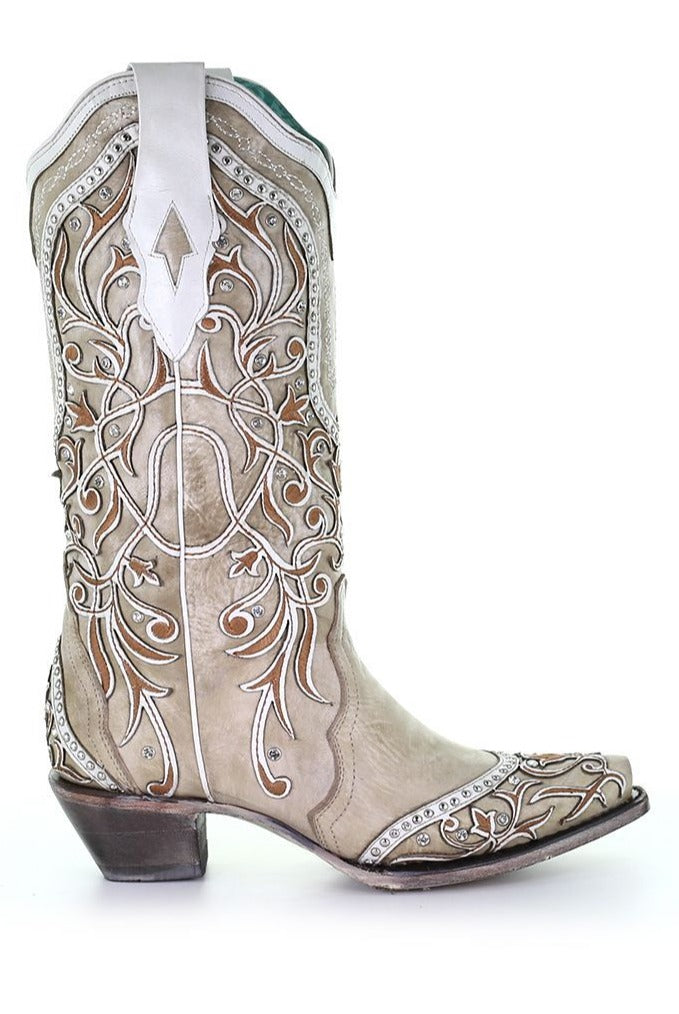 Women's Corral A3837 13" White Overlay & Embroidery with Studs & Crystals Snip Toe