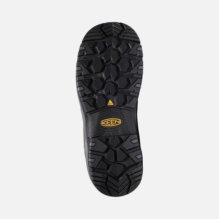 Keen Men's Chicago 6 inch waterproof boots with non-metallic carbon-fiber toes and a black rubber outsole. Bottom view showing outsole. 