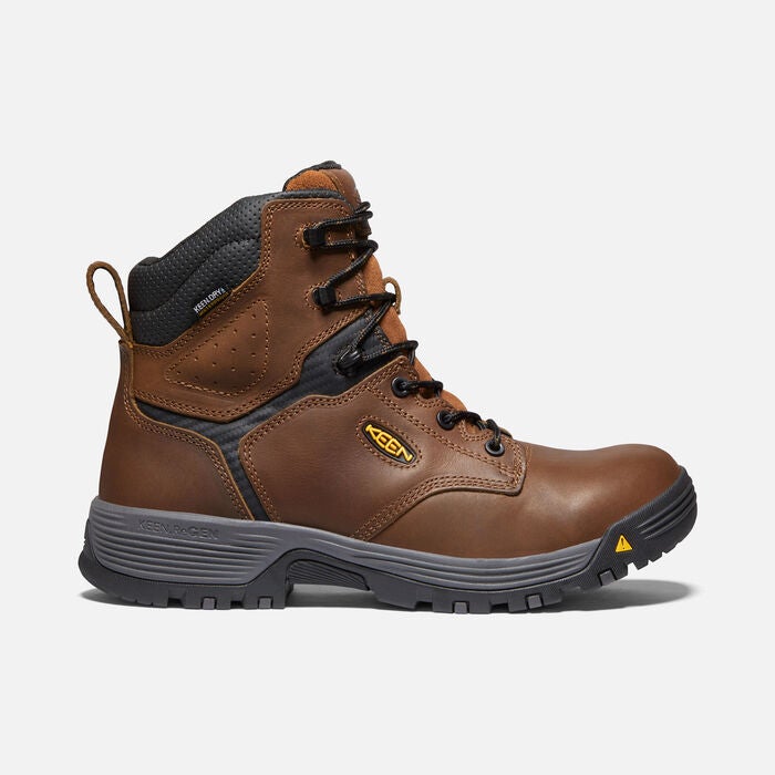 Keen Men's Chicago 6 inch waterproof boots with non-metallic carbon-fiber toes and a black rubber outsole. Single boot view from side. 