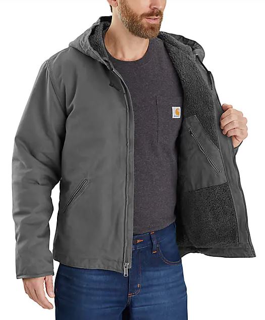 Men's Carhartt hooded jacket in Gravel. Inside view showing zippered pocket. 