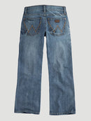 Back view of Wrangler 20X Greeley Vintage Bootcut Slim Fit Jeans for little boys, showing the back pockets with the brand's logo.