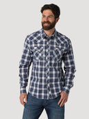 Men's Wrangler 112317119 Retro Long Sleeve Western Snap Plaid Shirt in Blue Plaid