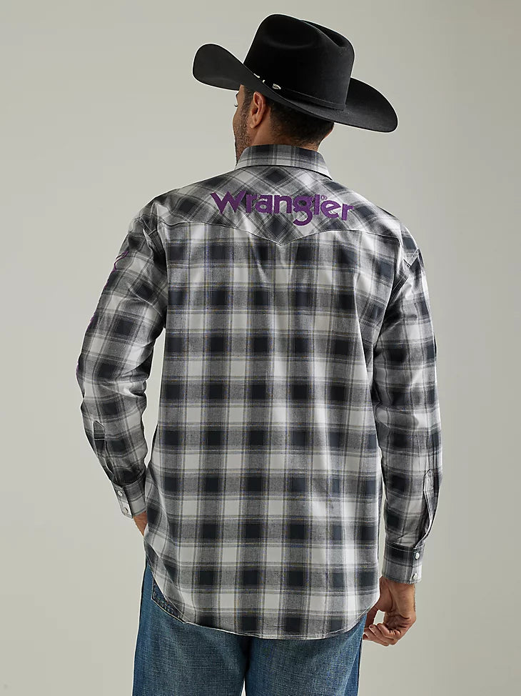 Men's Wrangler 112327777 Logo Long Sleeve Western Snap Plaid Shirt In Black White Buffalo