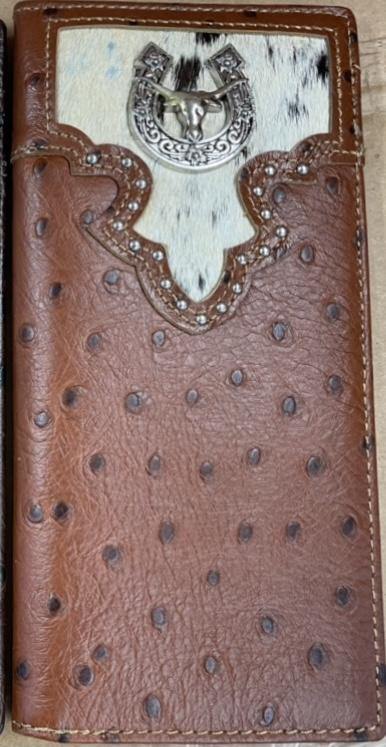 Top Notch Accessories 118BR Brown Full Quill Ostrich Print w/Horseshoe & Longhorn Concho Wallet