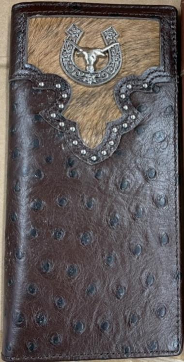 Top Notch Accessories 118CF Coffee Full Quill Ostrich Print w/Horseshoe & Longhorn Concho Wallet