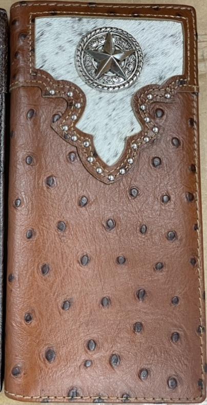 Top Notch Accessories 119BR Brown Full Quill Ostrich Print w/Star Concho Wallet
