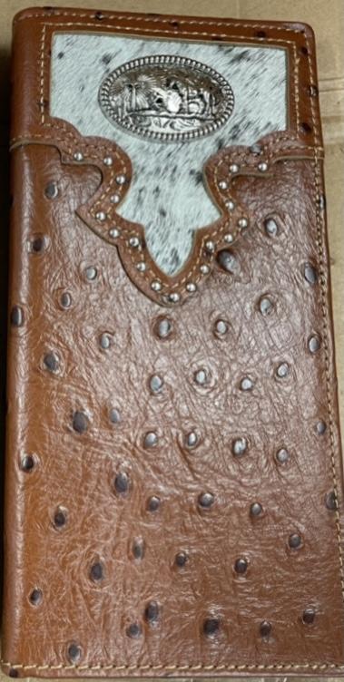 Top Notch Accessories 120BR Brown Full Quill Ostrich Print w/Praying Cowboy Concho Wallet