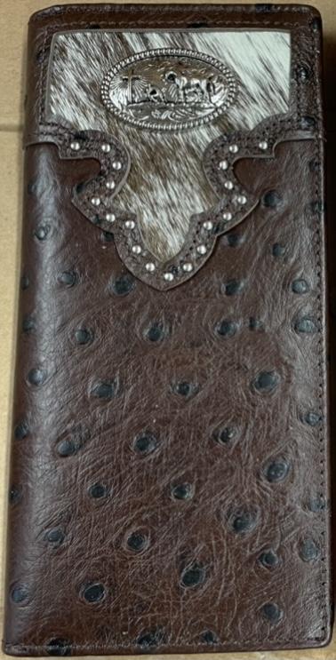 Top Notch Accessories 120CF Coffee Full Quill Ostrich Print w/Praying Cowboy Concho Wallet