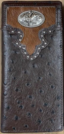 Top Notch Accessories 121CF Coffee Full Quill Ostrich Print w/Bullrider Concho Wallet