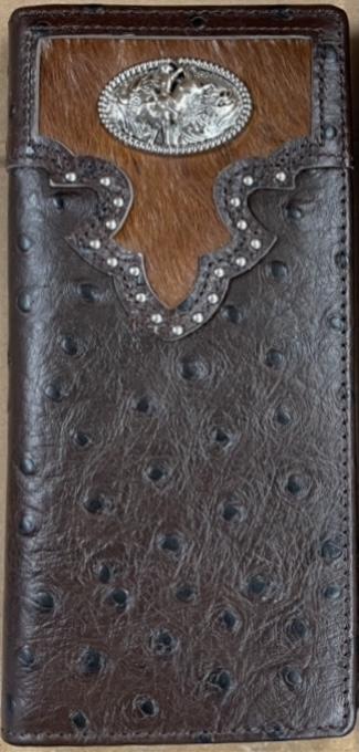 Top Notch Accessories 121CF Coffee Full Quill Ostrich Print w/Bullrider Concho Wallet