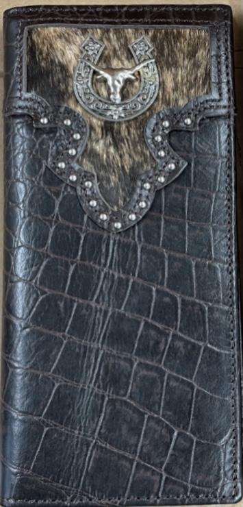 Top Notch Accessories 123CF Coffee Alligator Print w/Horseshoe & Longhorn Concho Wallet