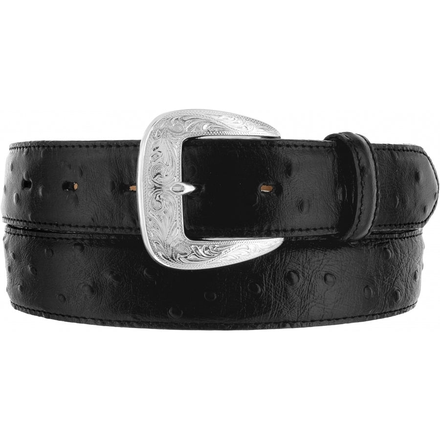 Men's Tony Lama black leather dress belt with an ostrich print texture, overlay accents and a silver-plated buckle. Front View